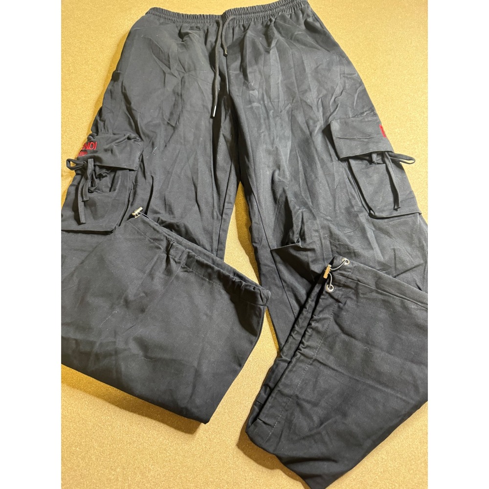 Fendi Roma Black Cotton Cargo Pants Red Logo Embroidered Drawstring Large L $800 - Picture 5 of 10